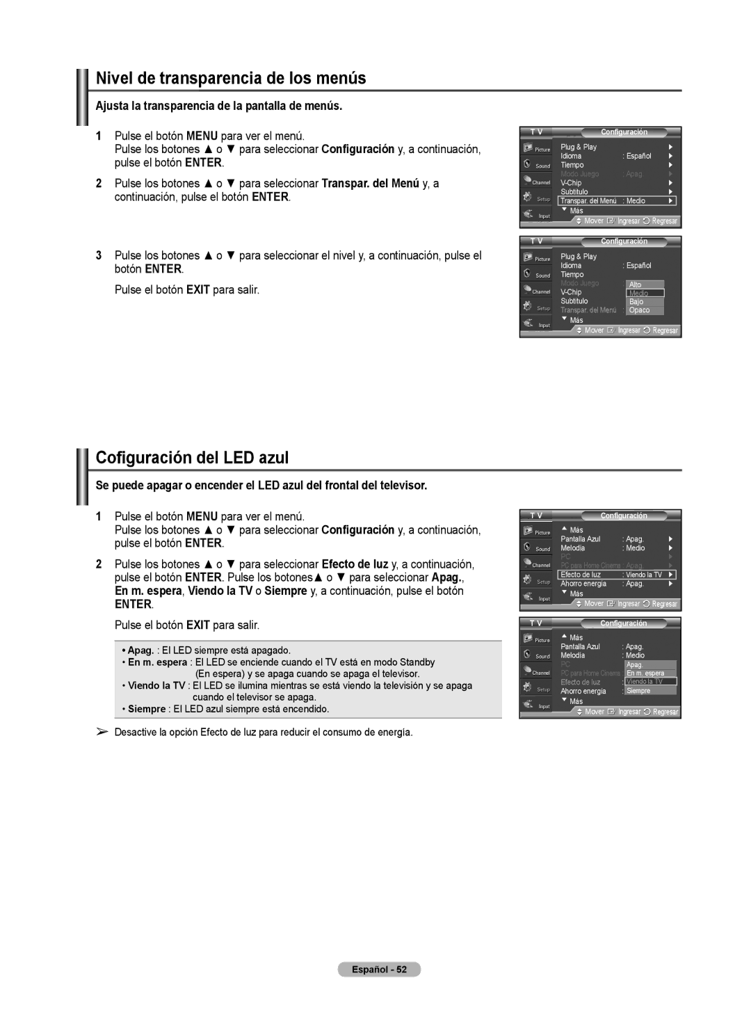 Samsung FP-T6374 manual Nivel de transparencia de los menús, Cofiguración del LED azul 