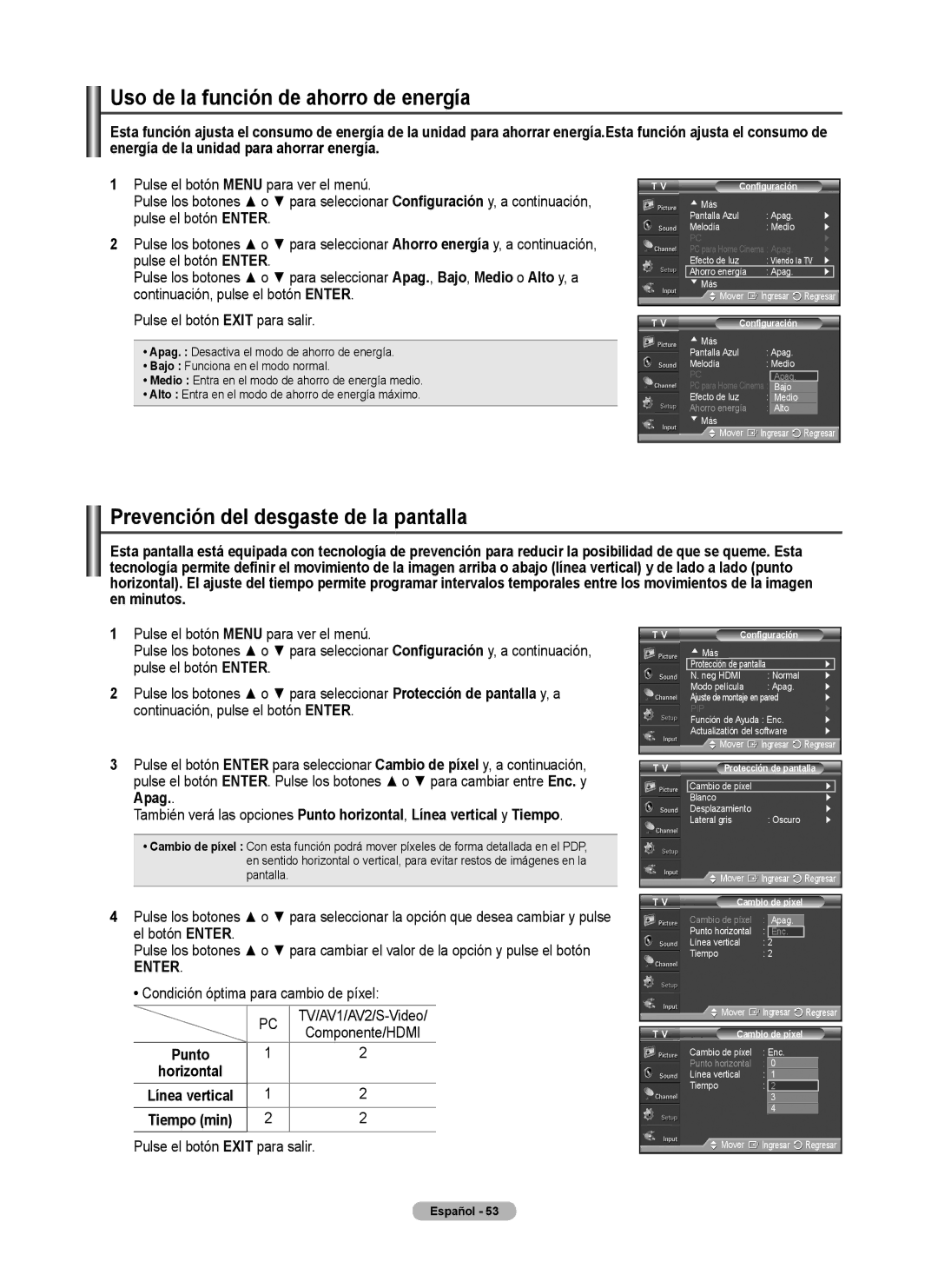 Samsung FP-T6374 Uso de la función de ahorro de energía, Prevención del desgaste de la pantalla, Línea vertical Tiempo min 