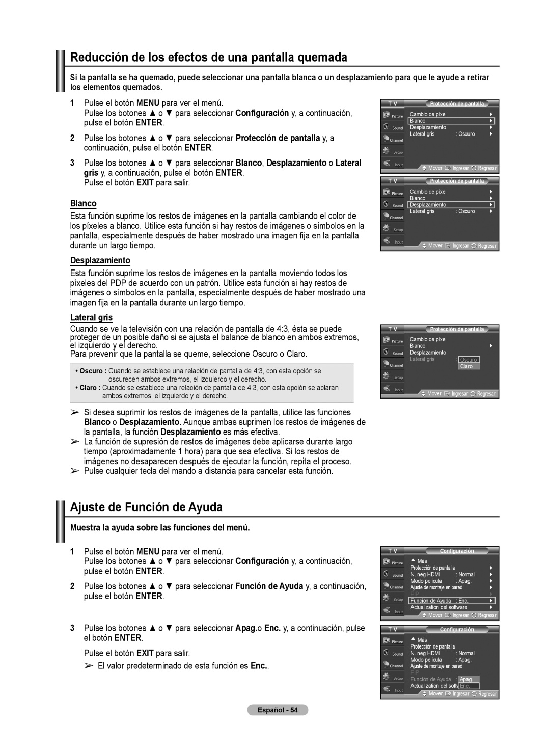 Samsung FP-T6374 manual Reducción de los efectos de una pantalla quemada, Ajuste de Función de Ayuda 