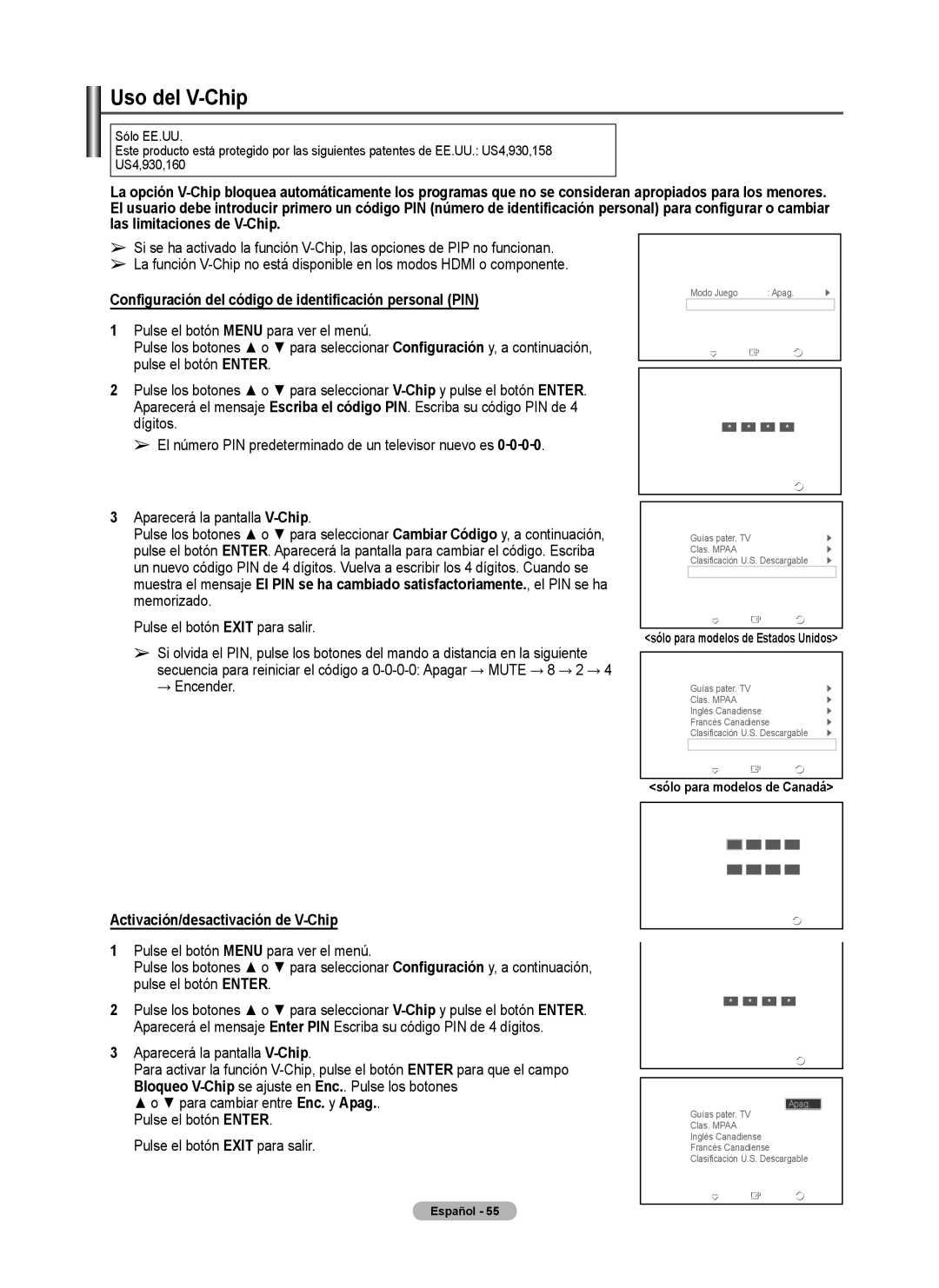 Samsung FP-T6374 Uso del V-Chip, Configuración del código de identificación personal PIN, Sólo para modelos de Canadá 