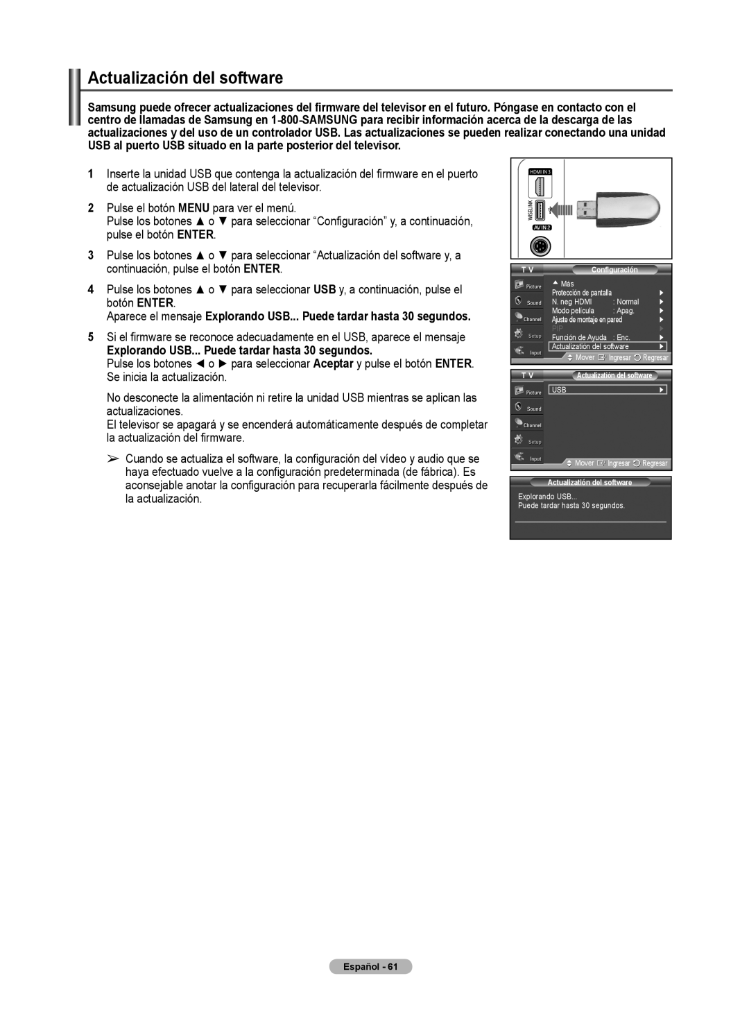 Samsung FP-T6374 Actualización del software, Explorando USB... Puede tardar hasta 30 segundos, Actualizatión del software 