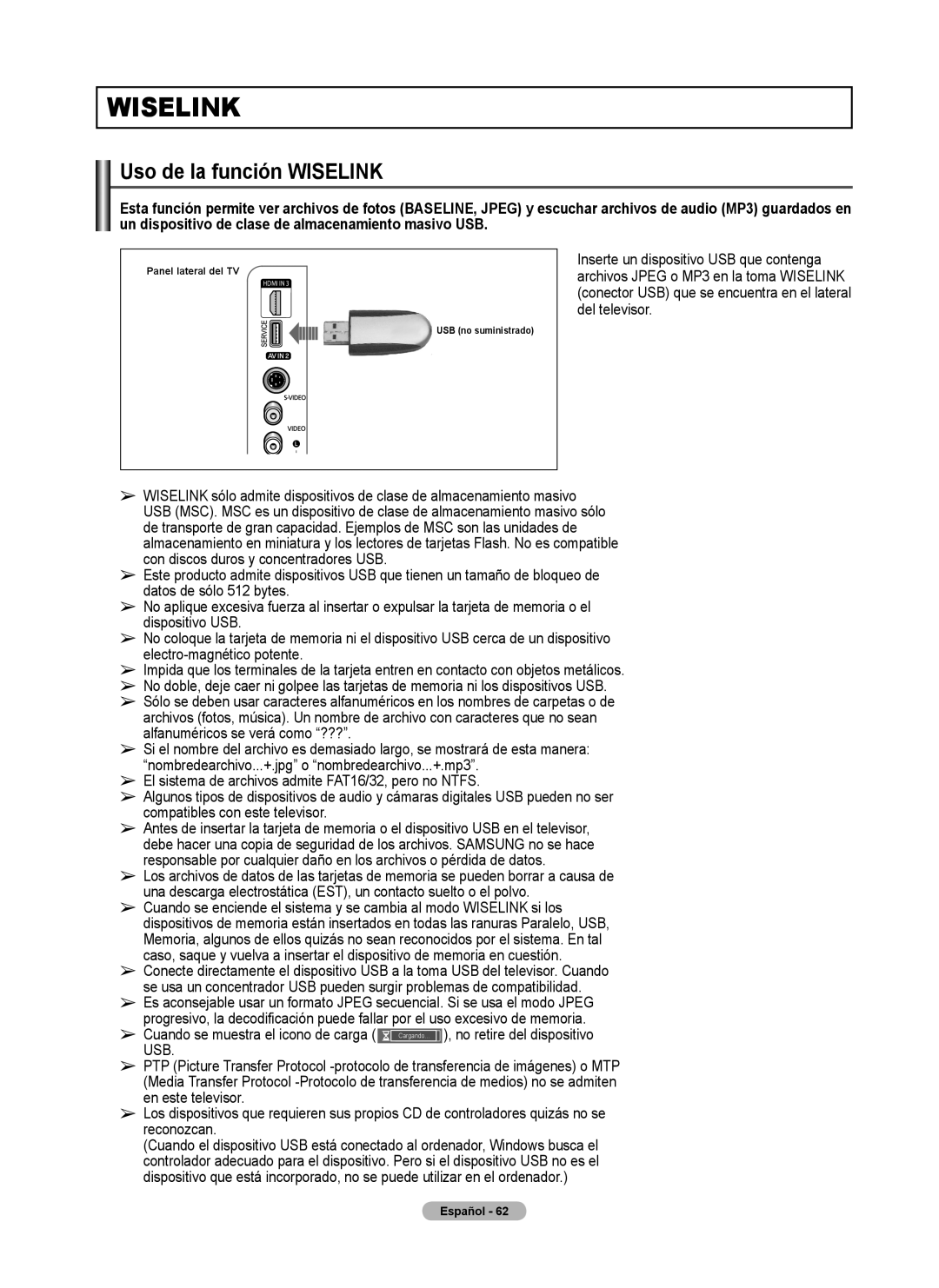 Samsung FP-T6374 manual Uso de la función Wiselink, Del televisor, Inserte un dispositivo USB que contenga 