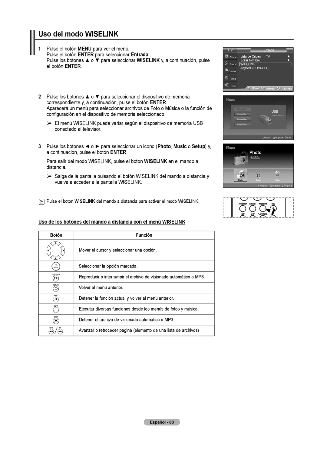 Samsung FP-T6374 manual Uso del modo Wiselink, Botón 