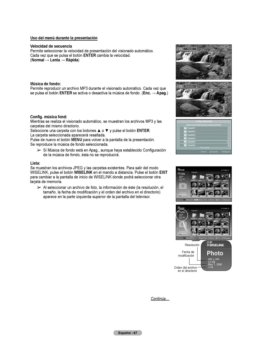 Samsung FP-T6374 Uso del menú durante la presentación Velocidad de secuencia, Normal → Lenta → Rápida Música de fondo 