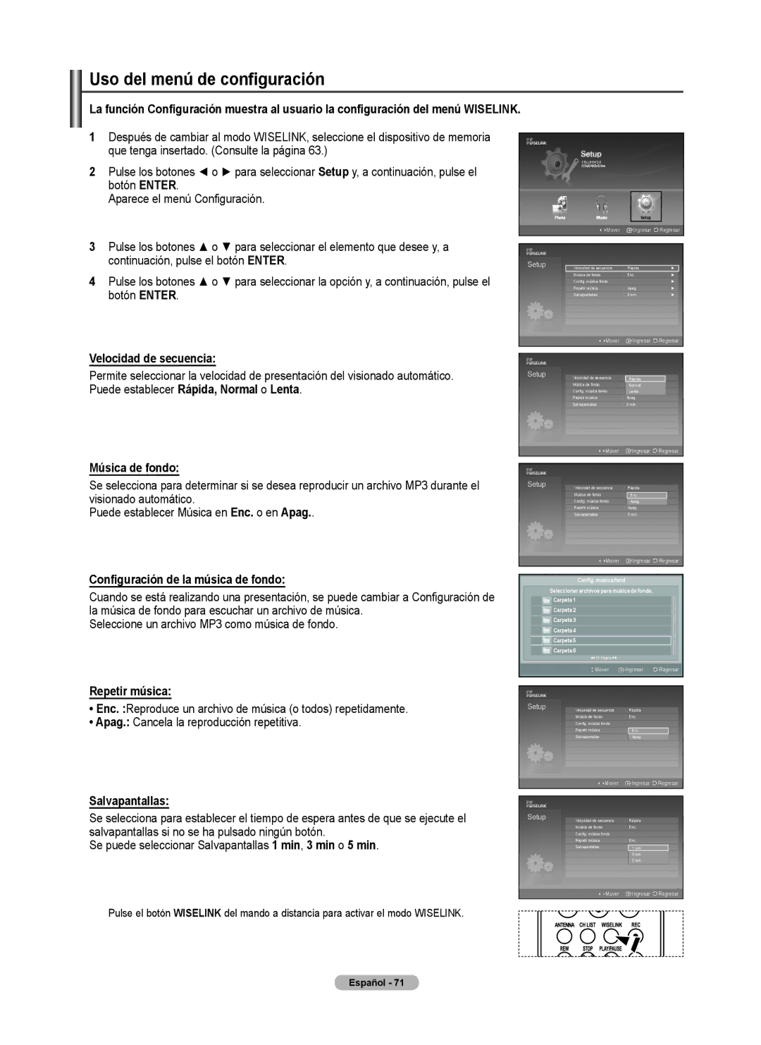 Samsung FP-T6374 manual Uso del menú de configuración, Configuración de la música de fondo, Repetir música, Salvapantallas 