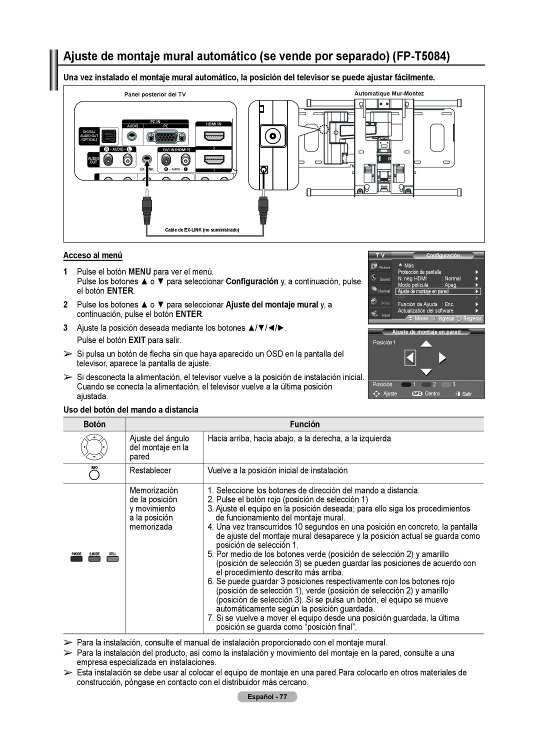 Samsung FP-T6374 manual Acceso al menú, Uso del botón del mando a distancia, Botón Función 