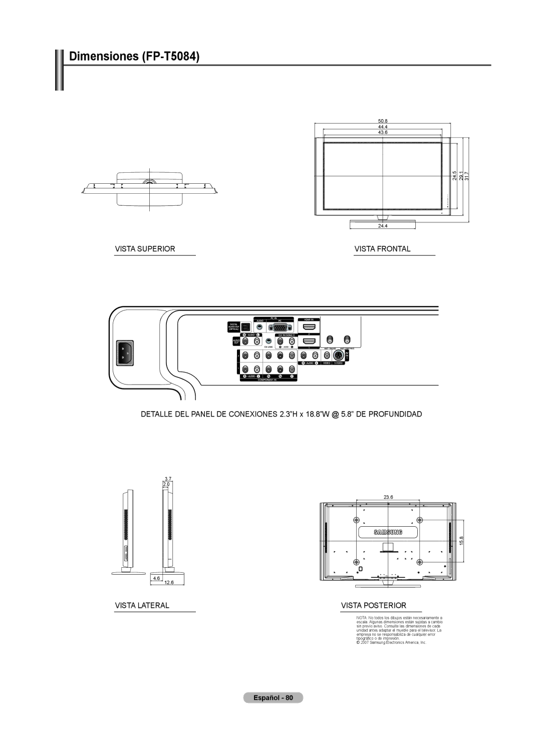 Samsung FP-T6374 manual Dimensiones FP-T5084, Vista Posterior 