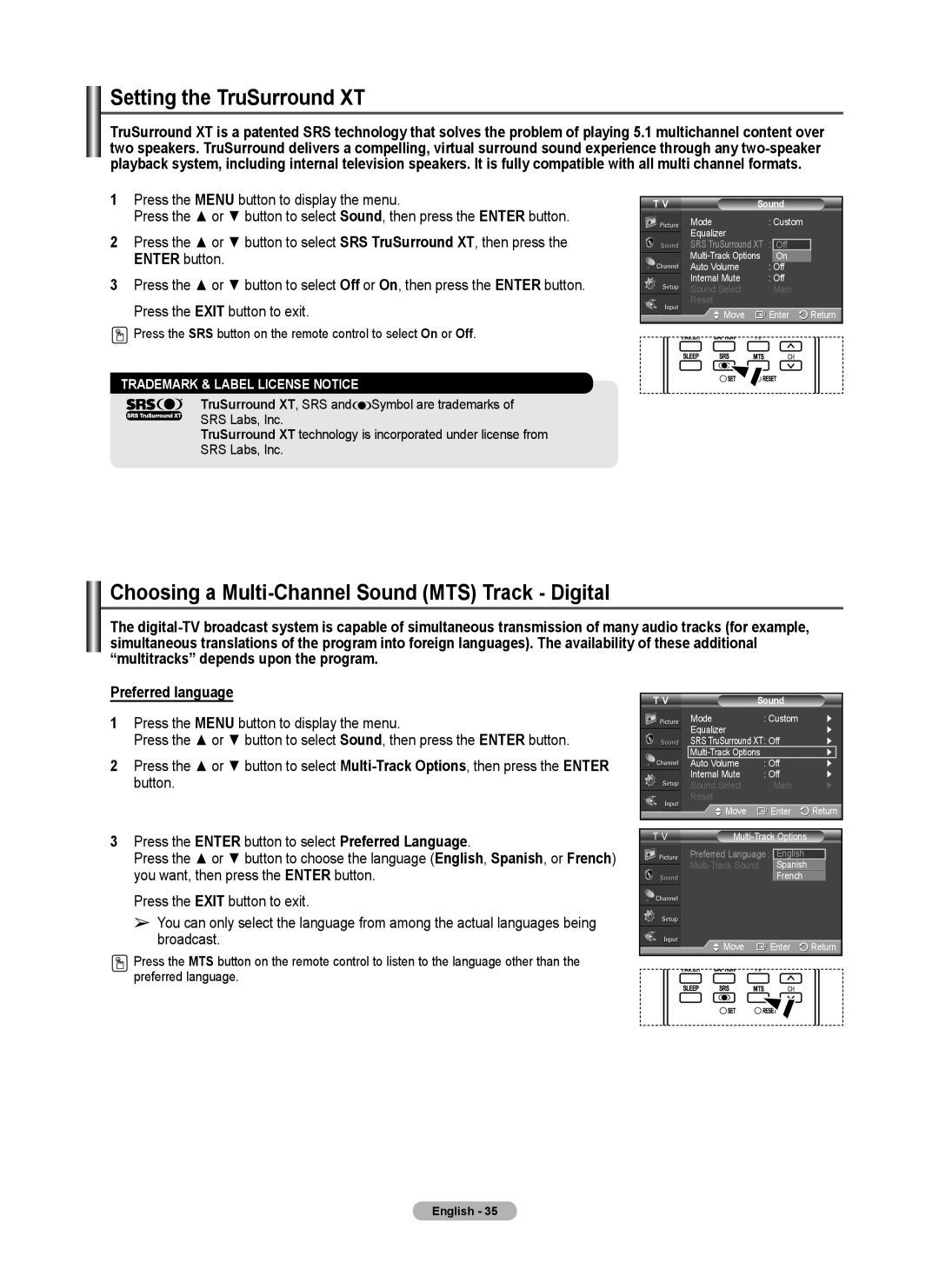 Samsung FP-T6374 manual Setting the TruSurround XT, Choosing a Multi-Channel Sound MTS Track Digital 