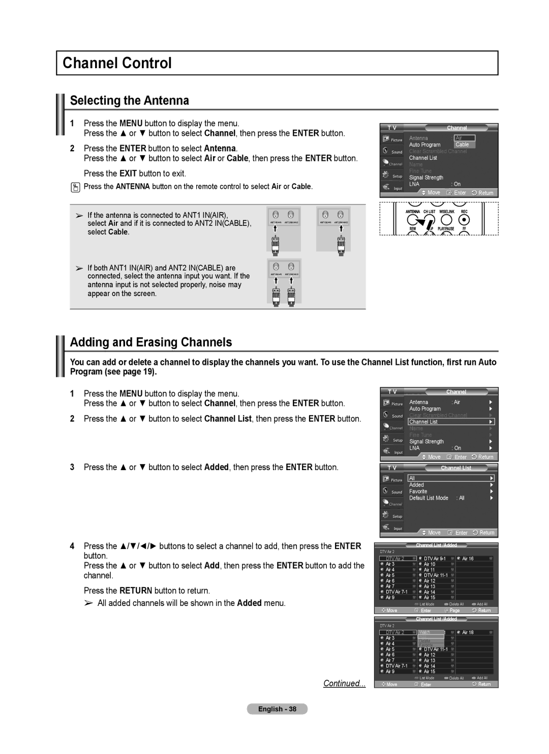 Samsung FP-T6374 manual Channel Control, Selecting the Antenna, Adding and Erasing Channels 