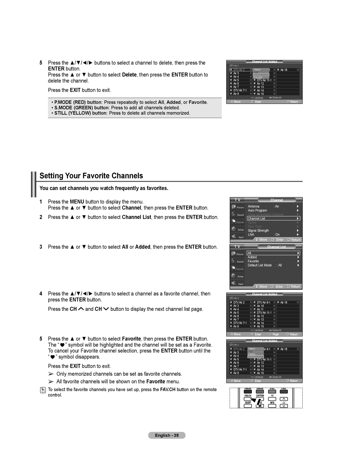 Samsung FP-T6374 manual Setting Your Favorite Channels, You can set channels you watch frequently as favorites 