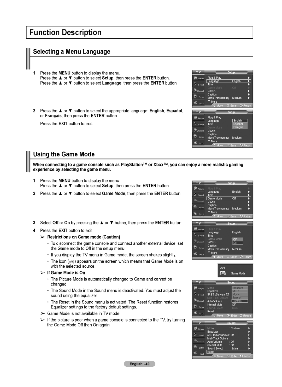 Samsung FP-T6374 Function Description, Selecting a Menu Language, Using the Game Mode, Restrictions on Game mode Caution 