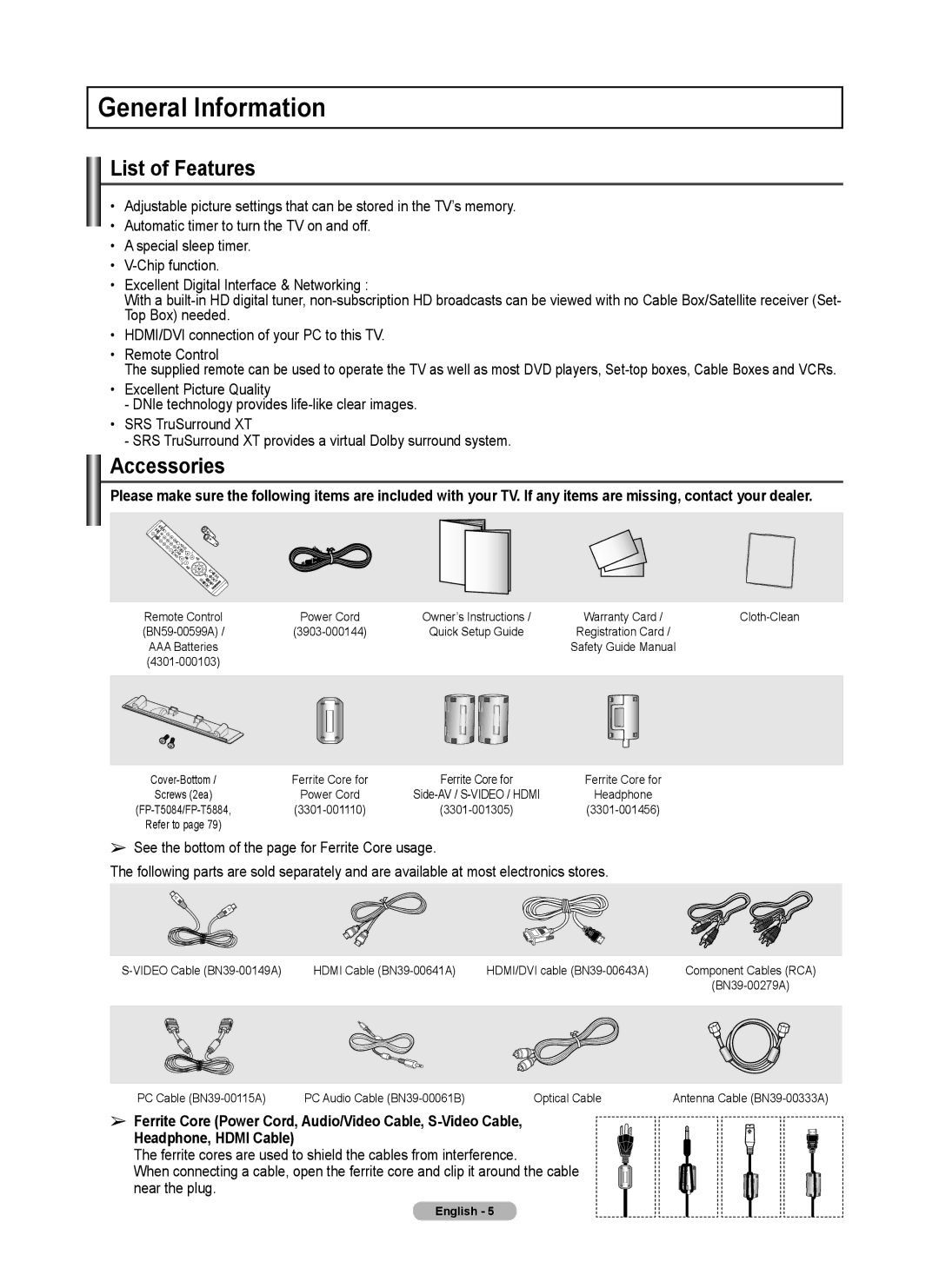 Samsung FP-T6374 manual General Information, List of Features, Accessories 