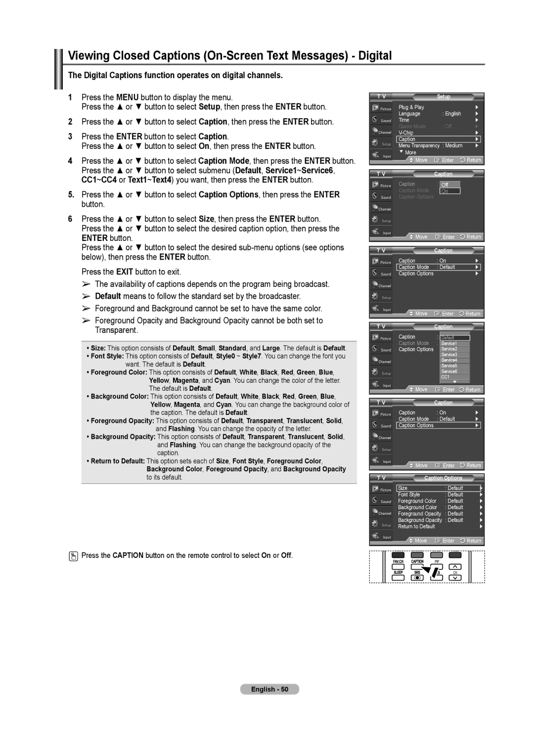 Samsung FP-T6374 manual Viewing Closed Captions On-Screen Text Messages Digital 