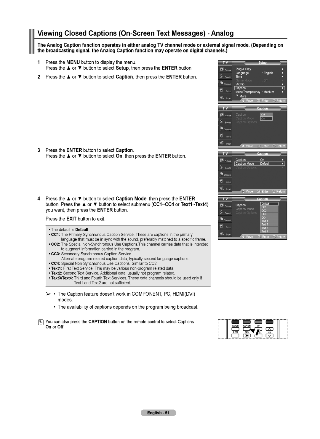 Samsung FP-T6374 manual Viewing Closed Captions On-Screen Text Messages Analog, On or Off 