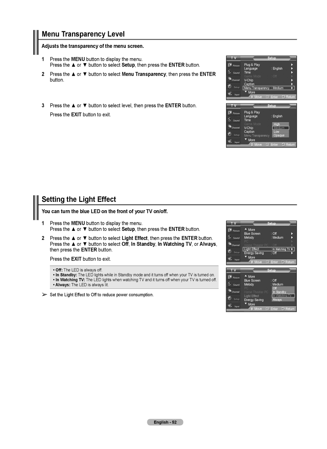 Samsung FP-T6374 manual Menu Transparency Level, Setting the Light Effect, Adjusts the transparency of the menu screen 