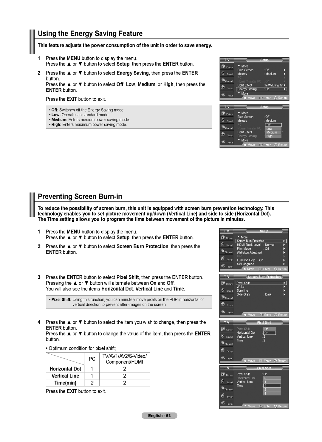 Samsung FP-T6374 manual Using the Energy Saving Feature, Preventing Screen Burn-in, TV/AV1/AV2/S-Video, Component/HDMI 