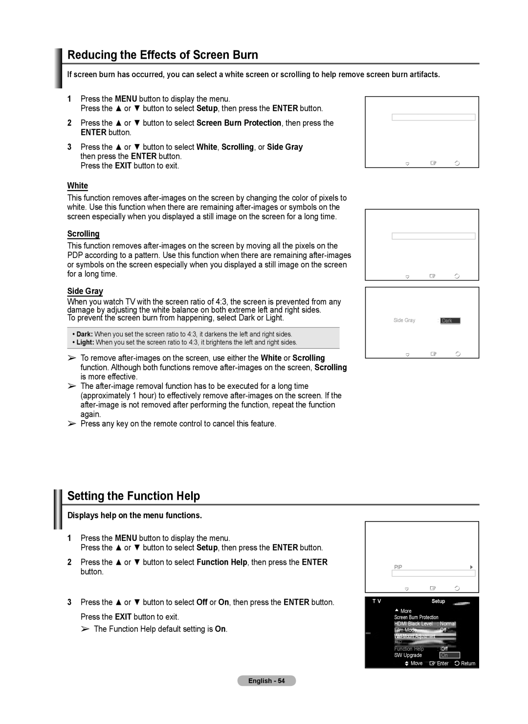 Samsung FP-T6374 manual Reducing the Effects of Screen Burn, Setting the Function Help 