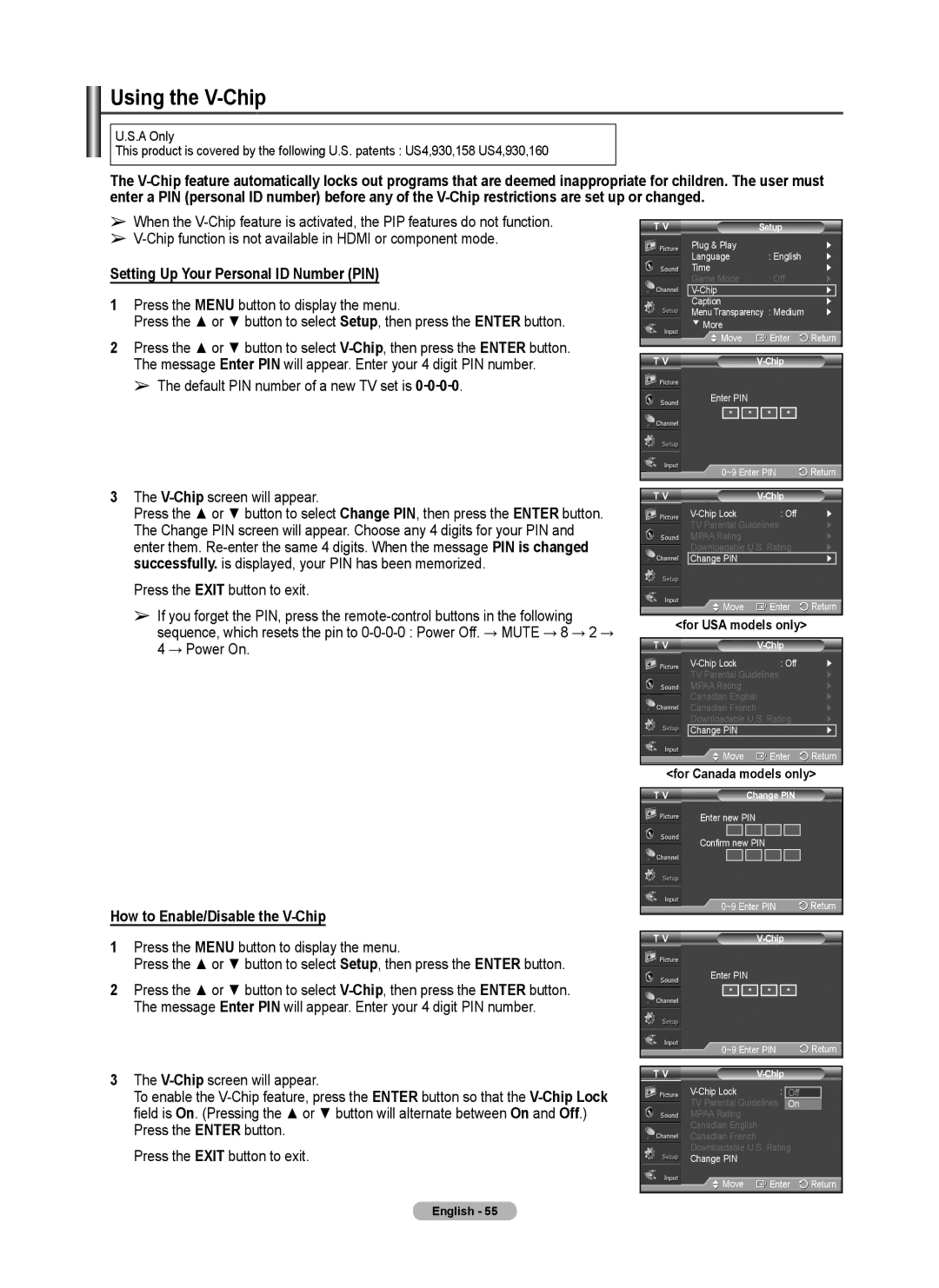 Samsung FP-T6374 manual Using the V-Chip, Setting Up Your Personal ID Number PIN, How to Enable/Disable the V-Chip 