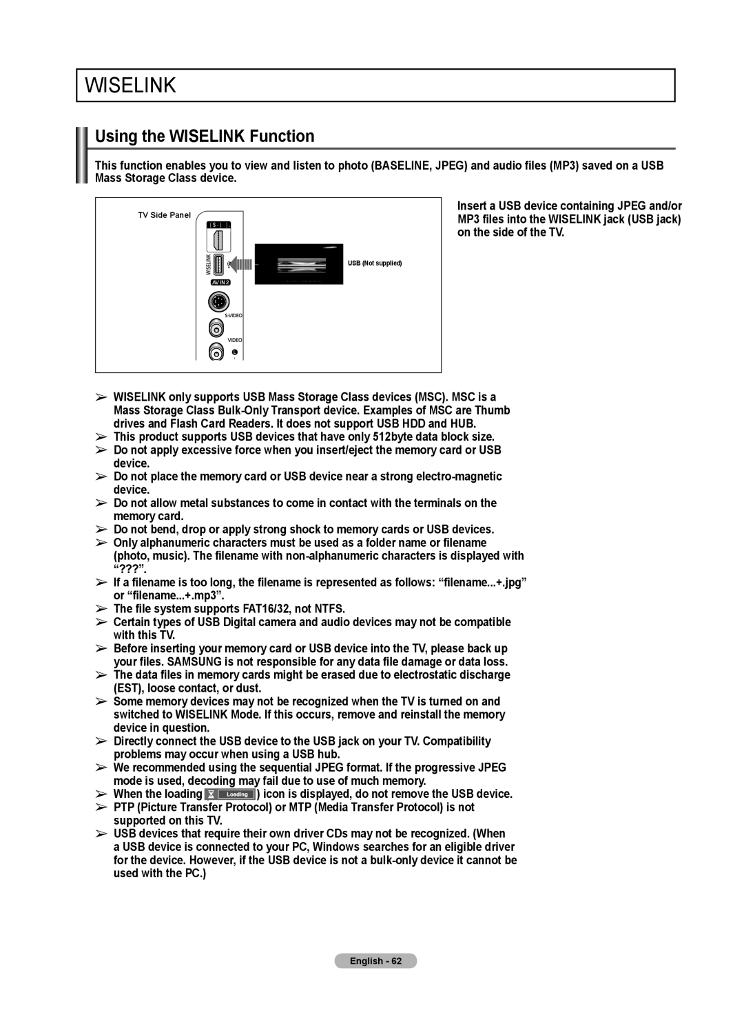 Samsung FP-T6374 manual Using the Wiselink Function, On the side of the TV, Insert a USB device containing Jpeg and/or 