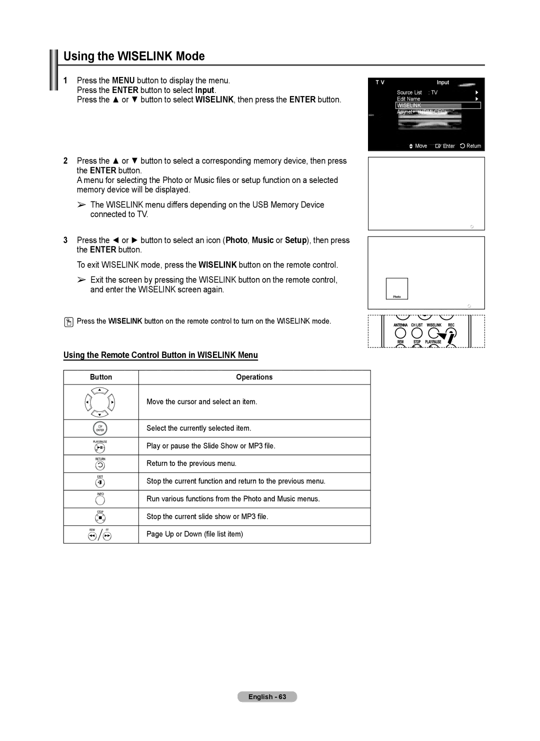 Samsung FP-T6374 manual Using the Wiselink Mode, Using the Remote Control Button in Wiselink Menu, Input 