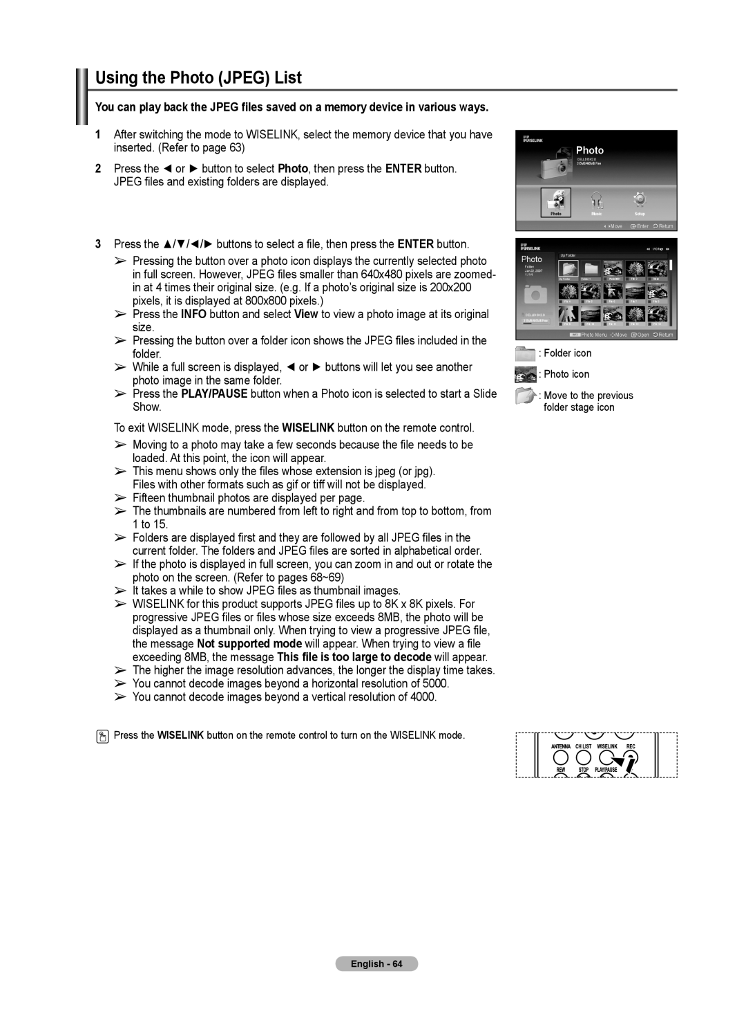 Samsung FP-T6374 manual Using the Photo Jpeg List, Folder icon Photo icon 