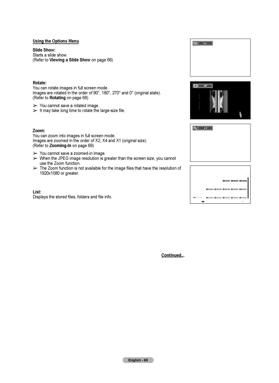 Samsung FP-T6374 manual Using the Options Menu, Rotate, Zoom, List 