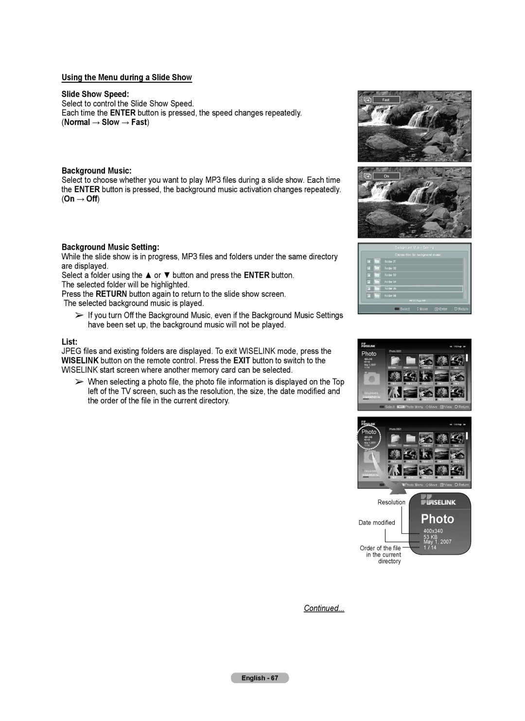 Samsung FP-T6374 manual Using the Menu during a Slide Show Slide Show Speed, Background Music Setting 