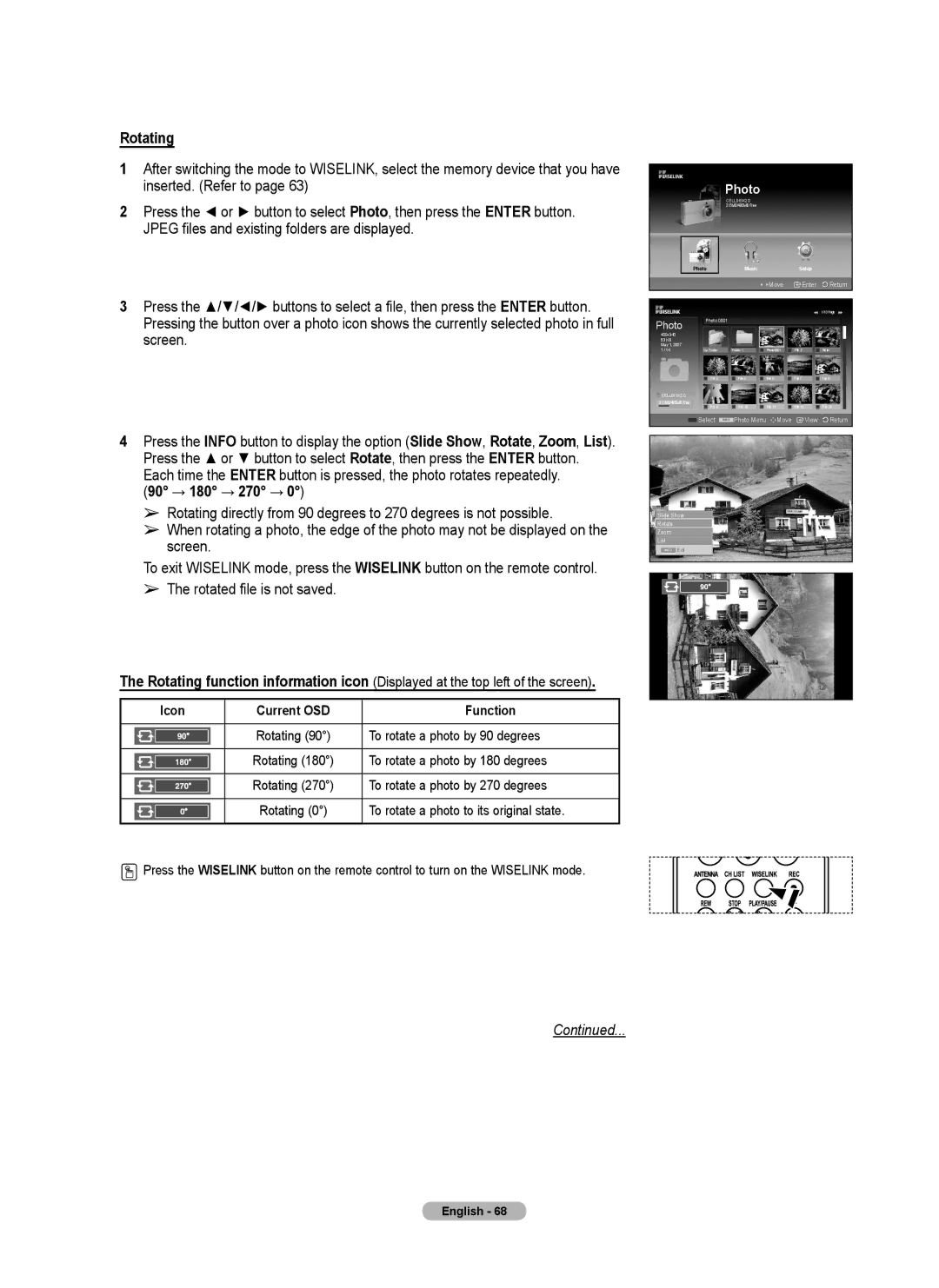 Samsung FP-T6374 manual Rotating, 90 → 180 → 270 →, Icon Current OSD Function 