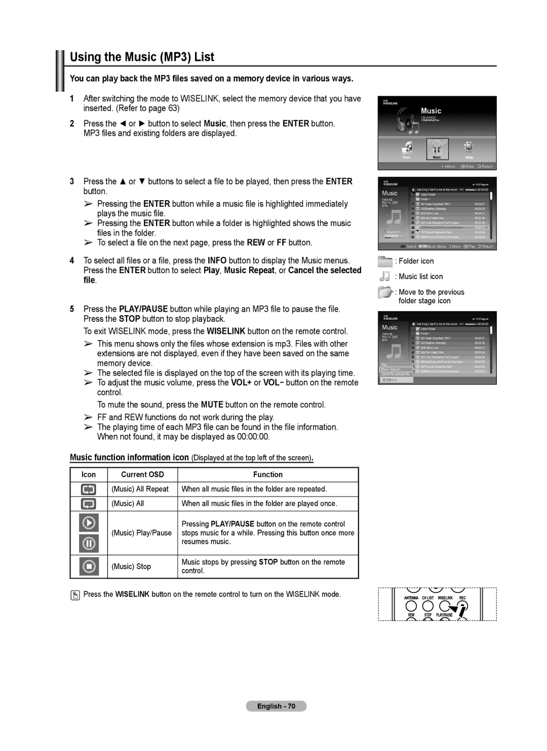 Samsung FP-T6374 manual Using the Music MP3 List, Button, Plays the music file, Files in the folder 