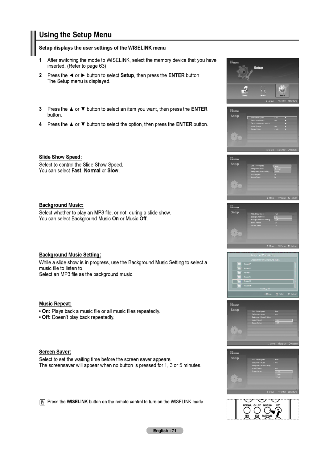 Samsung FP-T6374 Using the Setup Menu, Setup displays the user settings of the Wiselink menu, Music Repeat, Screen Saver 