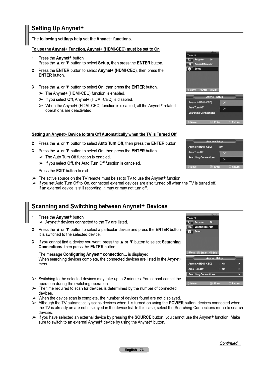 Samsung FP-T6374 manual Setting Up Anynet+, Scanning and Switching between Anynet+ Devices 