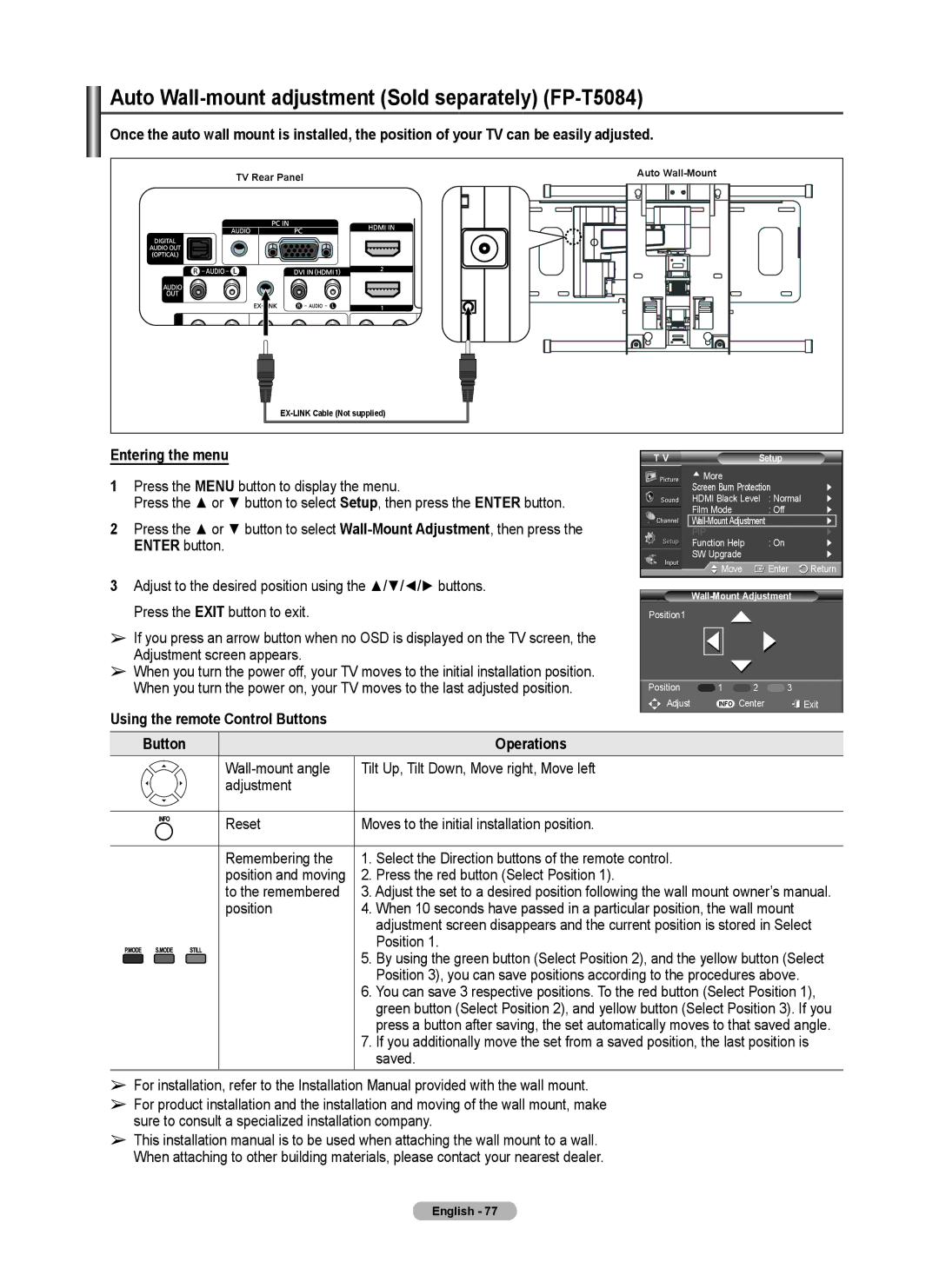 Samsung FP-T6374 Auto Wall-mount adjustment Sold separately FP-T5084, Using the remote Control Buttons, Button Operations 