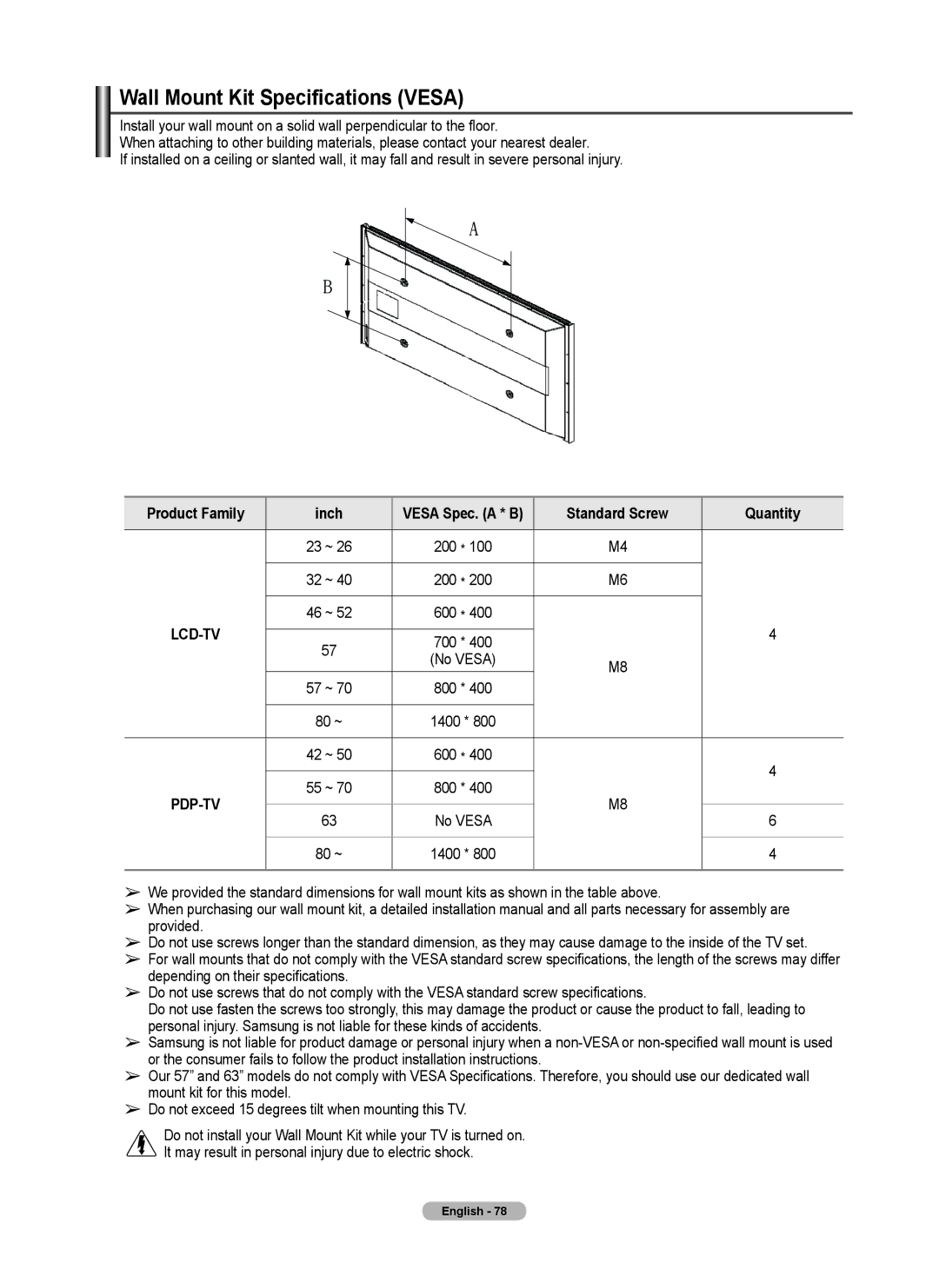 Samsung FP-T6374 manual Wall Mount Kit Specifications Vesa, 23 ~ 200 32 ~, 46 ~ 600 700 No Vesa 57 ~ 800 80 ~ 1400 42 ~ 