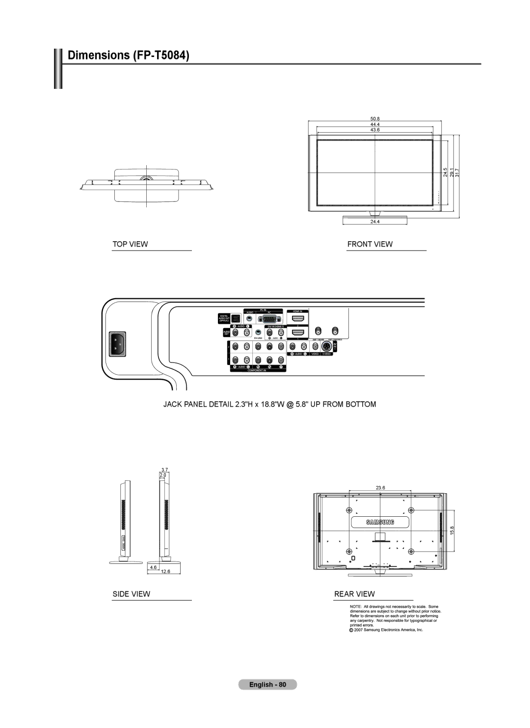 Samsung FP-T6374 manual Dimensions FP-T5084, Jack Panel Detail 2.3H x 18.8W @ 5.8 UP from Bottom 