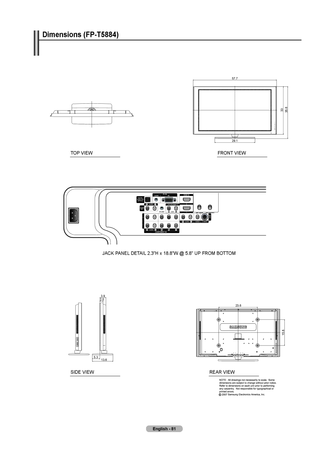 Samsung FP-T6374 manual Dimensions FP-T5884 