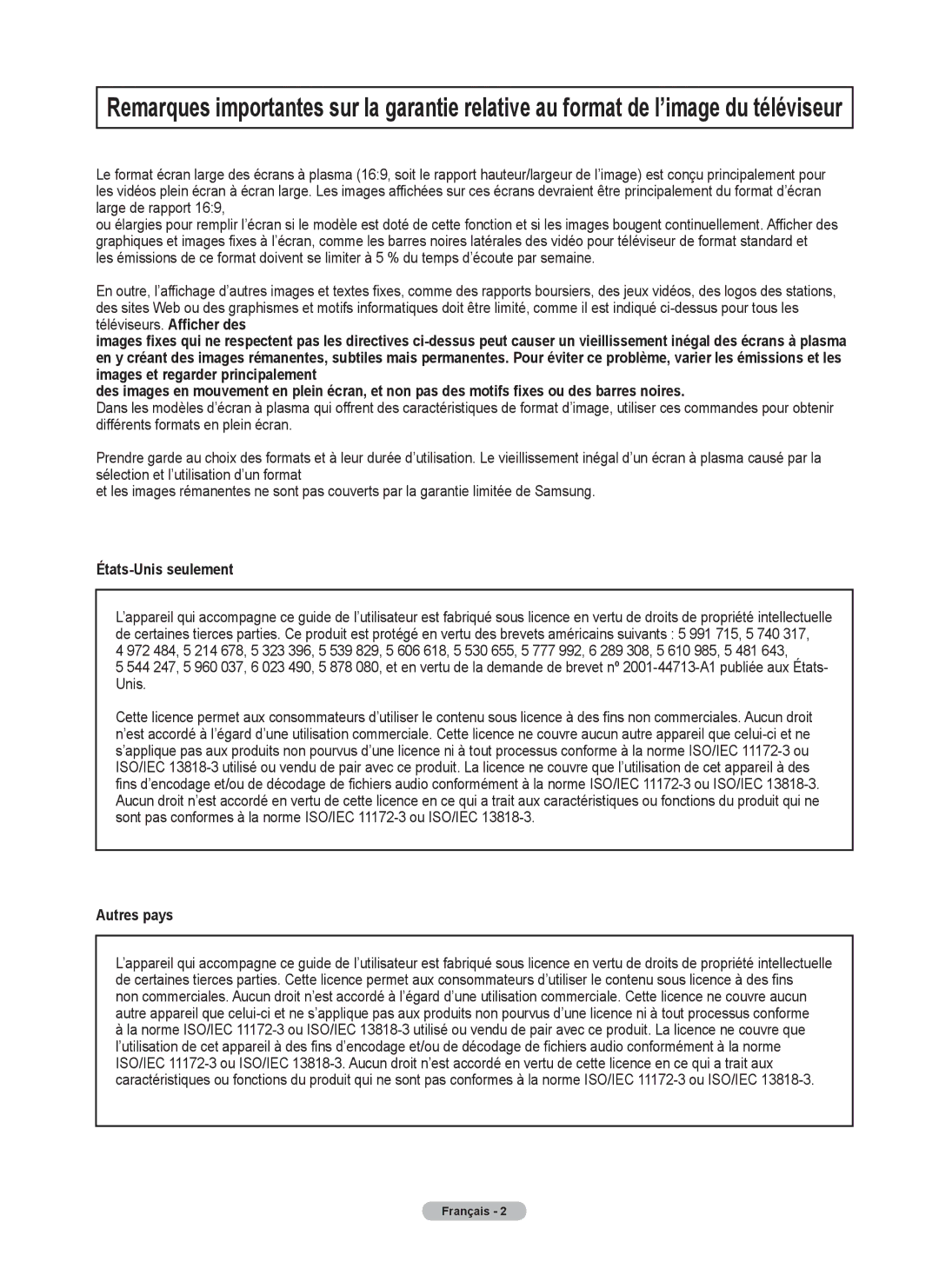 Samsung FP-T6374 manual États-Unis seulement, Autres pays 