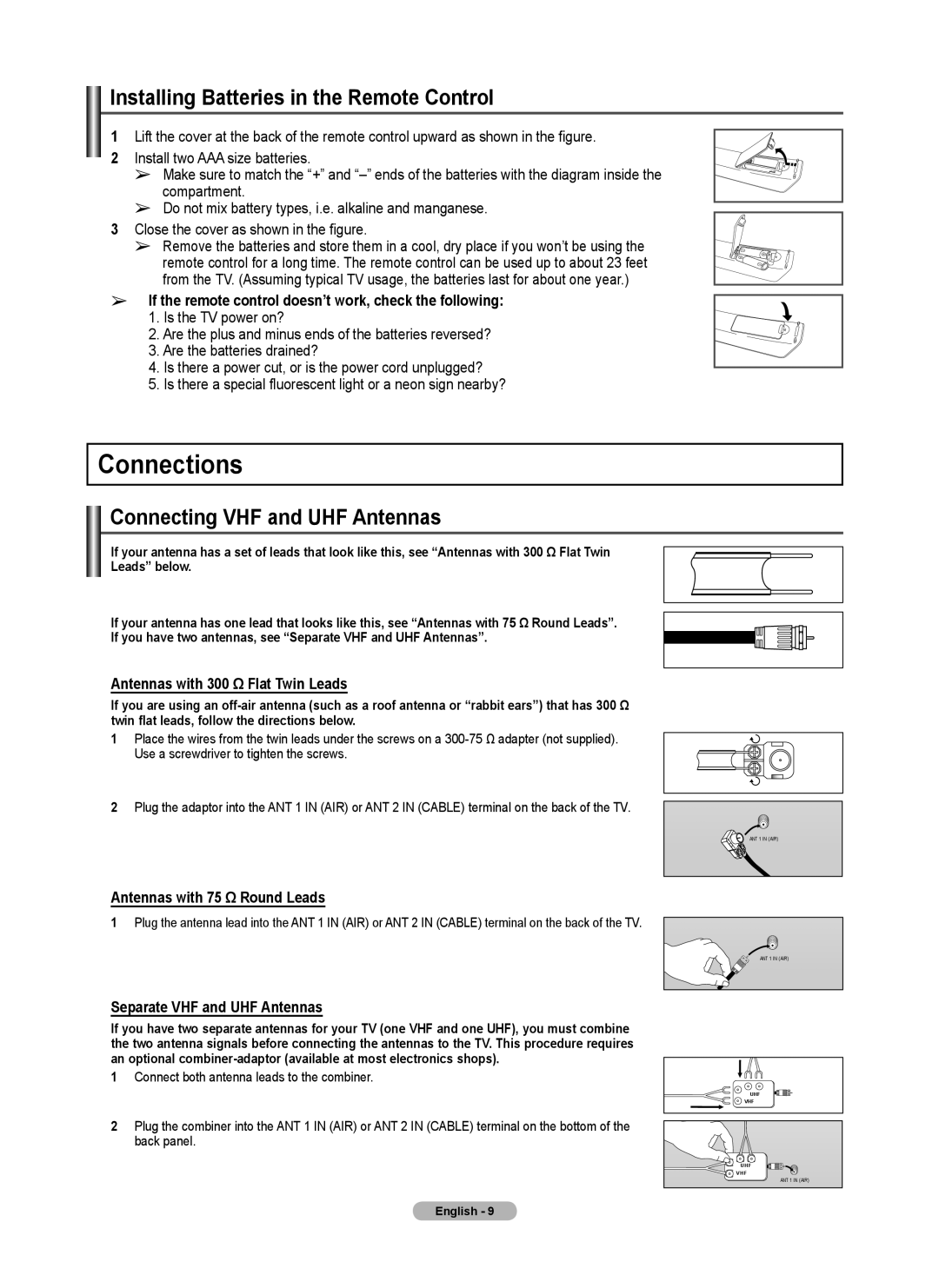 Samsung FP-T6374 manual Connections, Installing Batteries in the Remote Control, Connecting VHF and UHF Antennas 