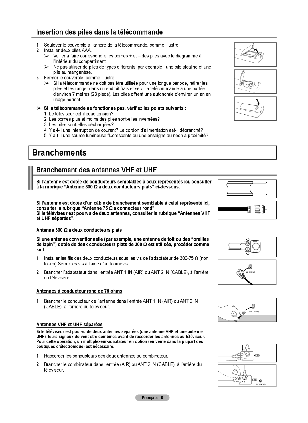 Samsung FP-T6374 manual Branchements, Insertion des piles dans la télécommande, Branchement des antennes VHF et UHF 