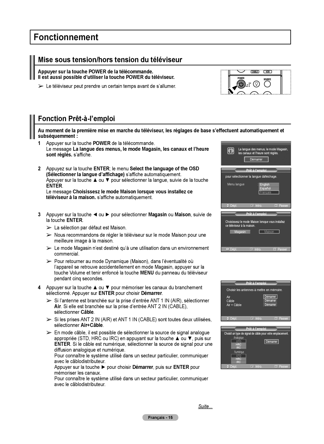 Samsung FP-T6374 Fonctionnement, Mise sous tension/hors tension du téléviseur, Fonction Prêt-à-l’emploi, Prêt à l’emploi 