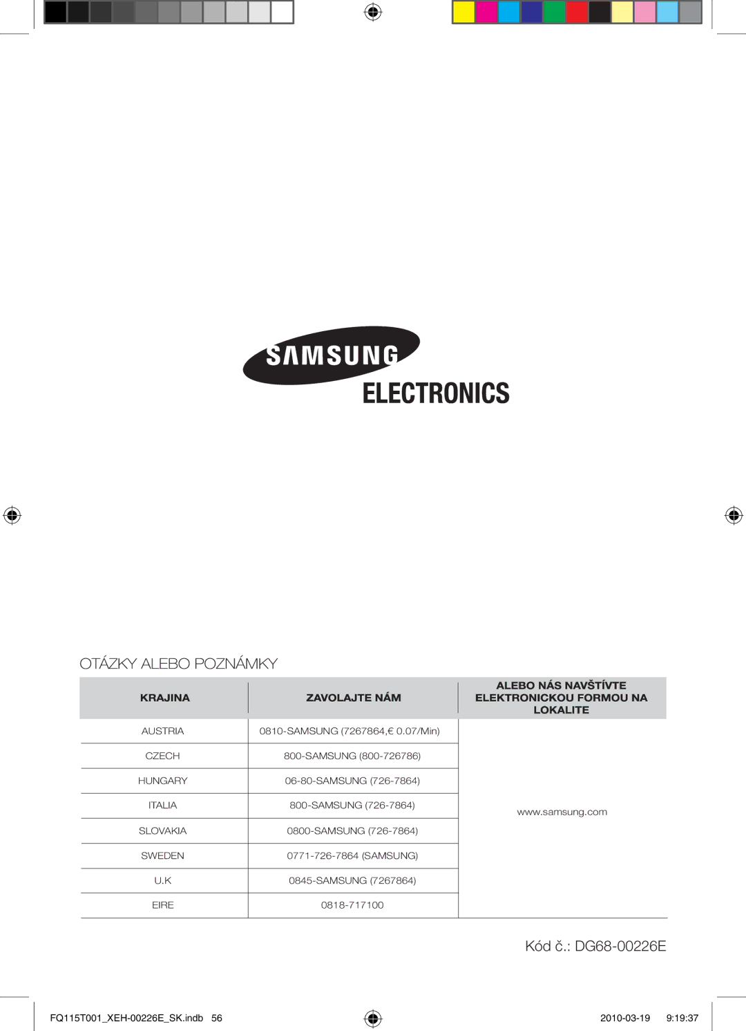 Samsung FQ115T001/XEH, FQ115T001/XEO manual Kód č. DG68-00226E 