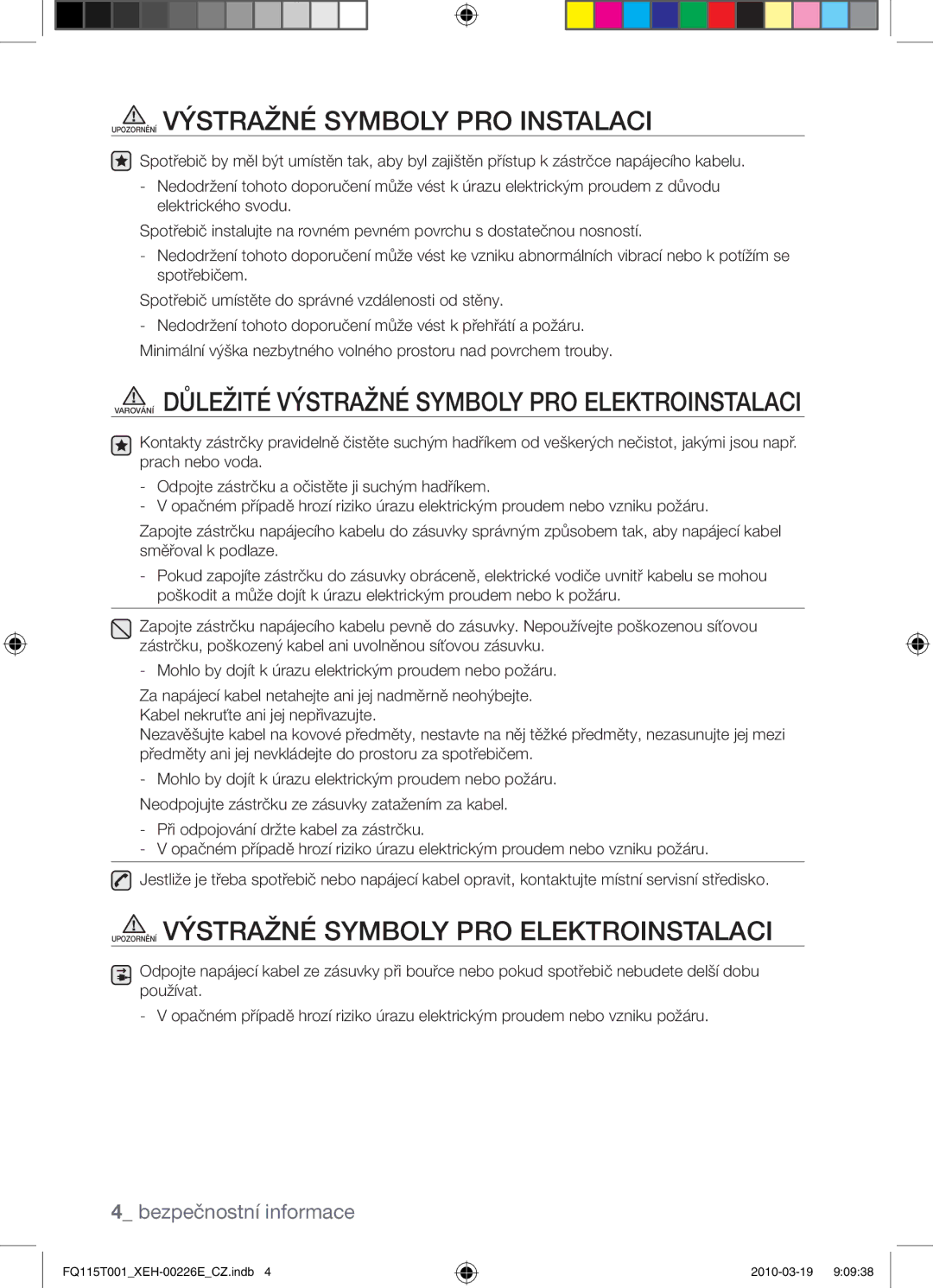 Samsung FQ115T001/XEH Upozornění Výstražné symboly pro instalaci, Varování Důležité výstražné symboly pro elektroinstalaci 