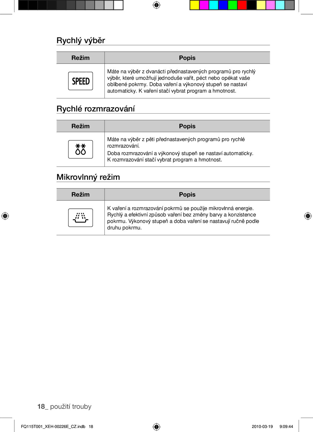 Samsung FQ115T001/XEH, FQ115T001/XEO manual Rychlý výběr, Rychlé rozmrazování, Mikrovlnný režim, 18 použití trouby 