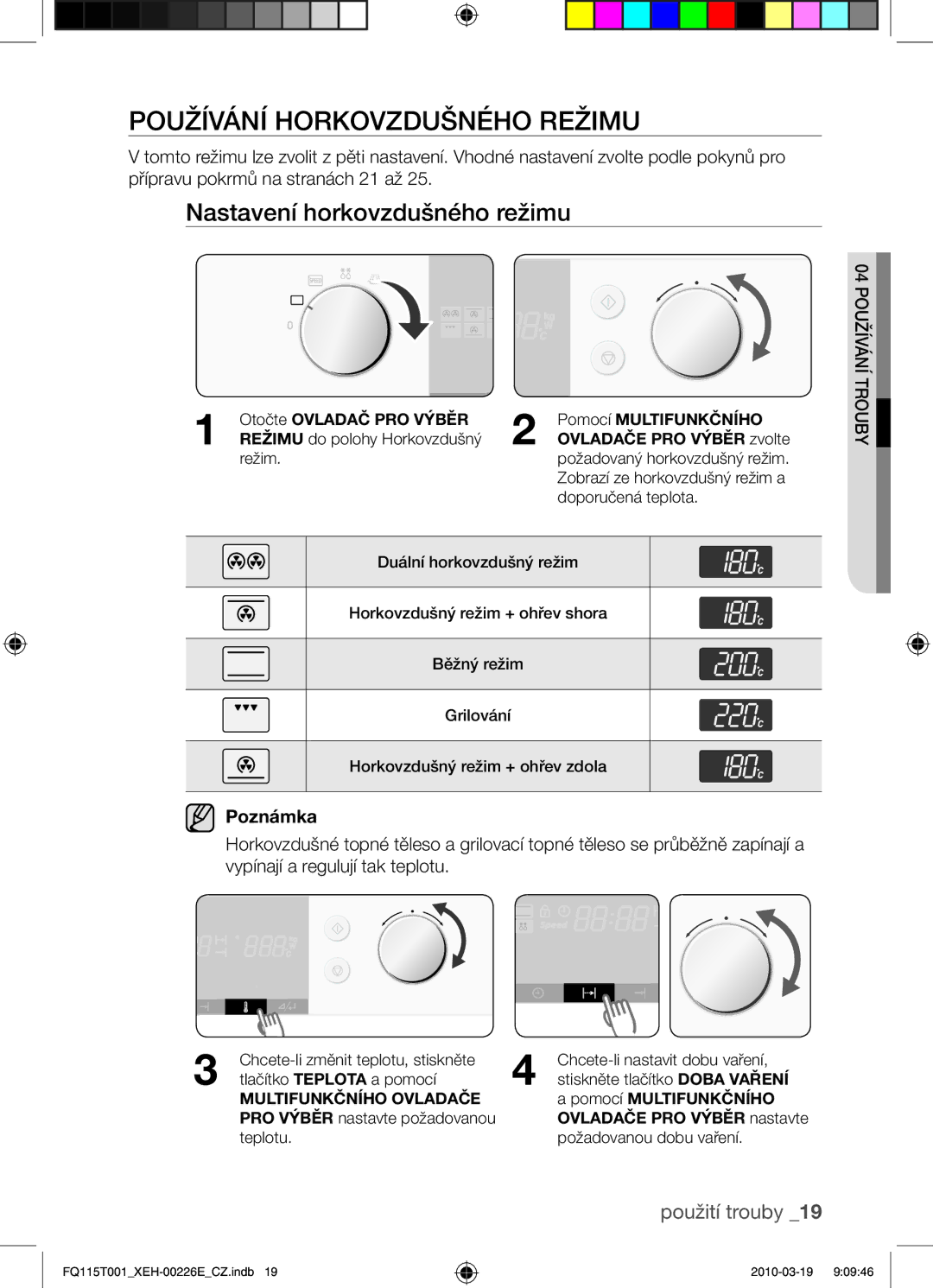 Samsung FQ115T001/XEO, FQ115T001/XEH manual Používání horkovzdušného režimu, Nastavení horkovzdušného režimu 