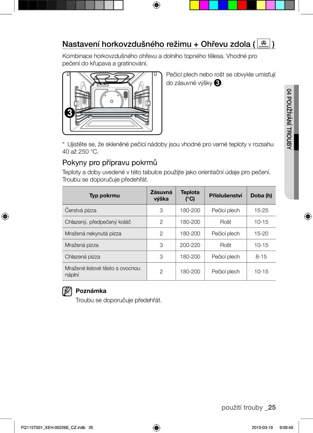 Samsung FQ115T001/XEO Nastavení horkovzdušného režimu + Ohřevu zdola, Typ pokrmu Zásuvná Teplota Příslušenství Doba h 