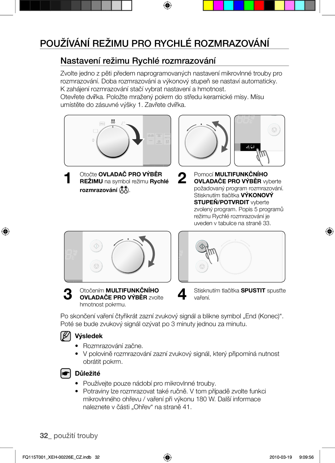 Samsung FQ115T001/XEH Používání režimu pro rychlé rozmrazování, Nastavení režimu Rychlé rozmrazování, 32 použití trouby 