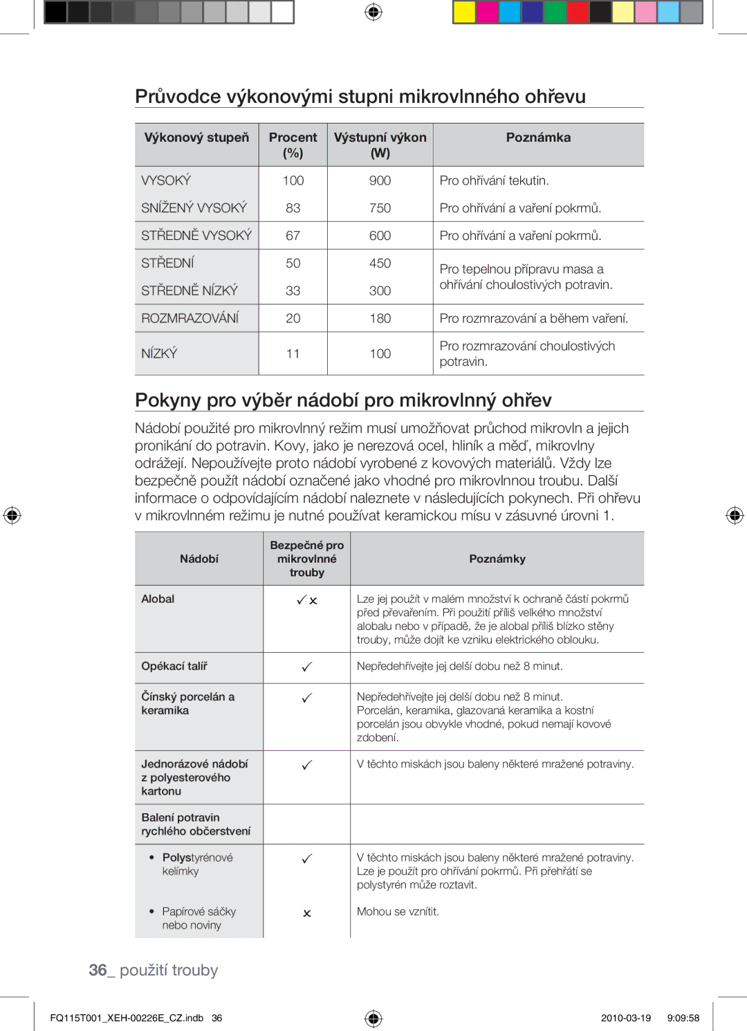 Samsung FQ115T001/XEH manual Průvodce výkonovými stupni mikrovlnného ohřevu, Pokyny pro výběr nádobí pro mikrovlnný ohřev 