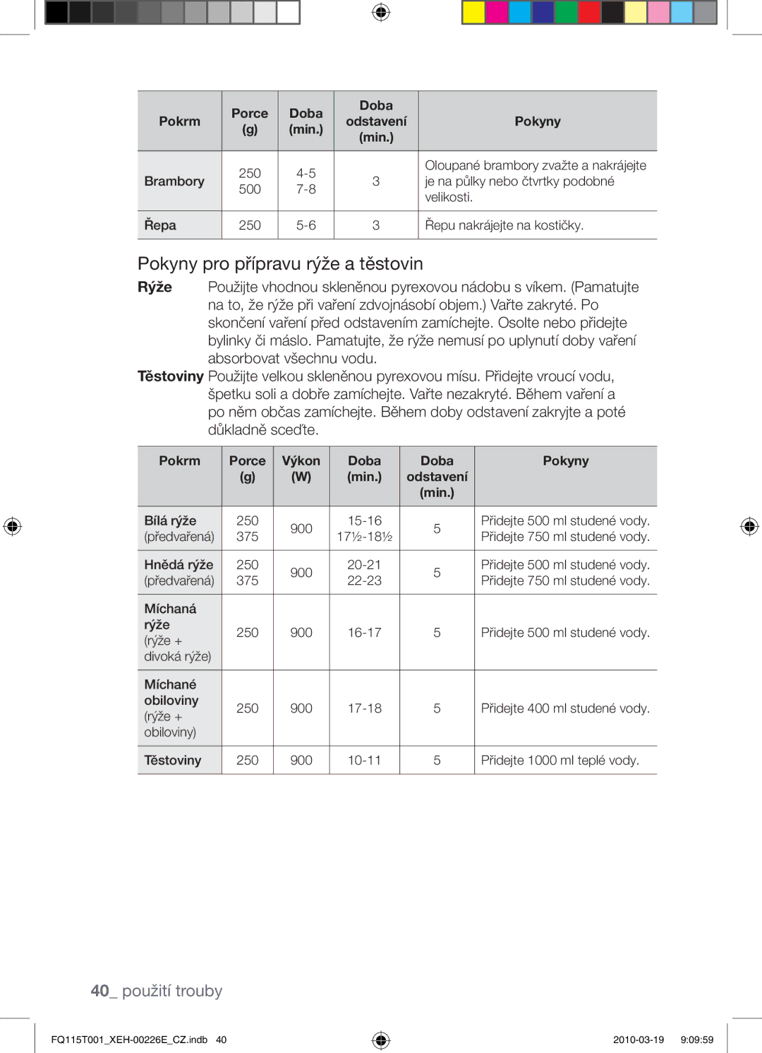 Samsung FQ115T001/XEH manual Pokyny pro přípravu rýže a těstovin, 40 použití trouby, Pokrm Porce Výkon Doba Pokyny Min 