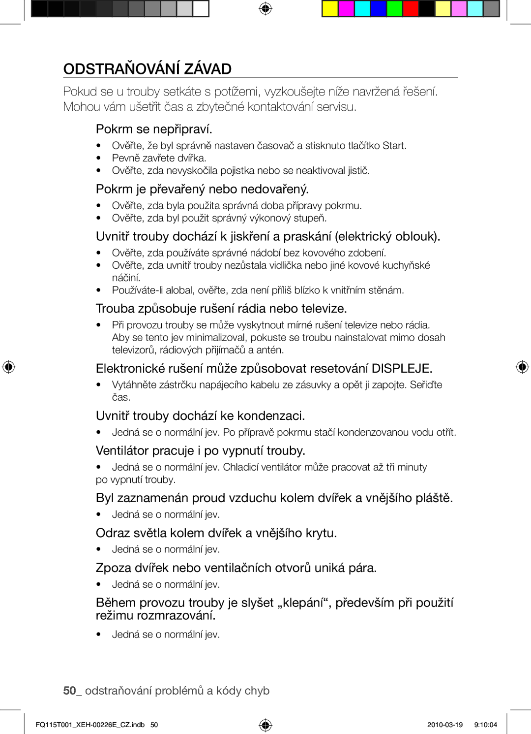 Samsung FQ115T001/XEH, FQ115T001/XEO manual Odstraňování závad 