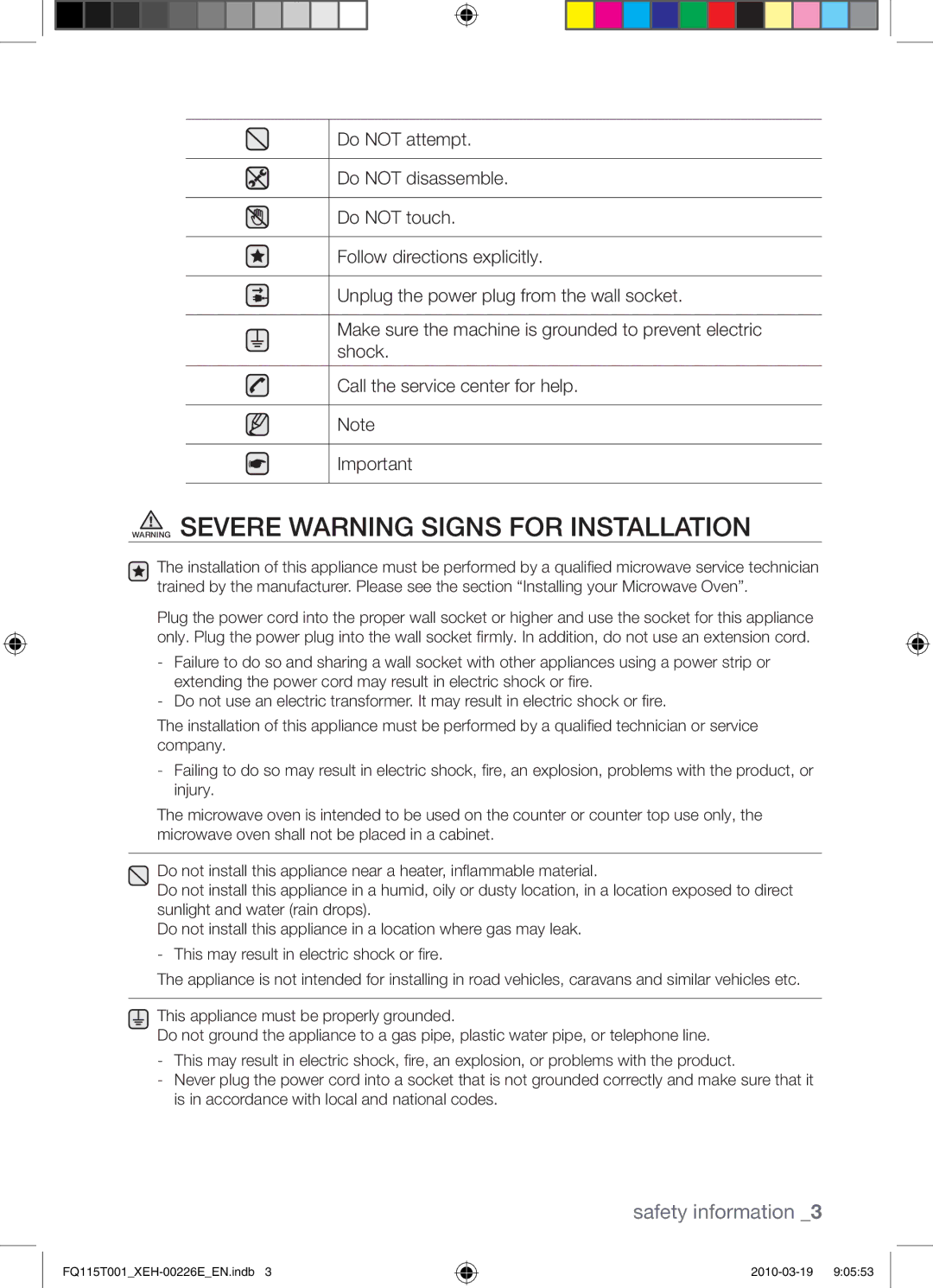 Samsung FQ115T001/XEO, FQ115T001/XEH manual Safety information 