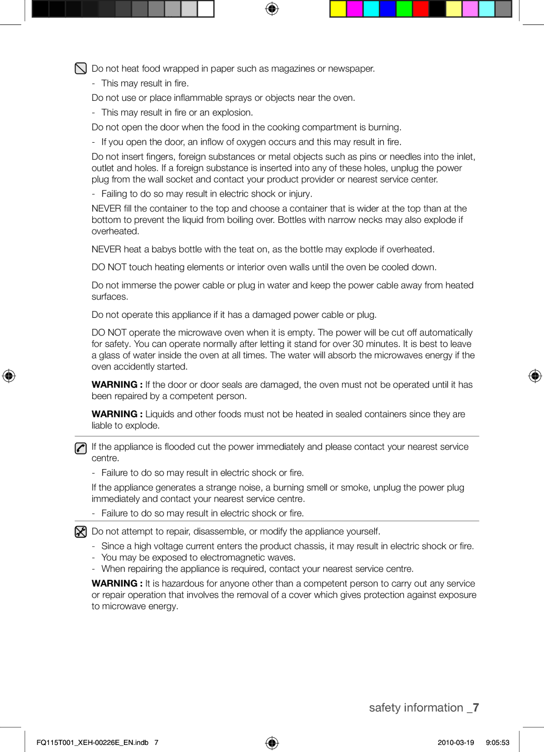 Samsung FQ115T001/XEO, FQ115T001/XEH manual Safety information 